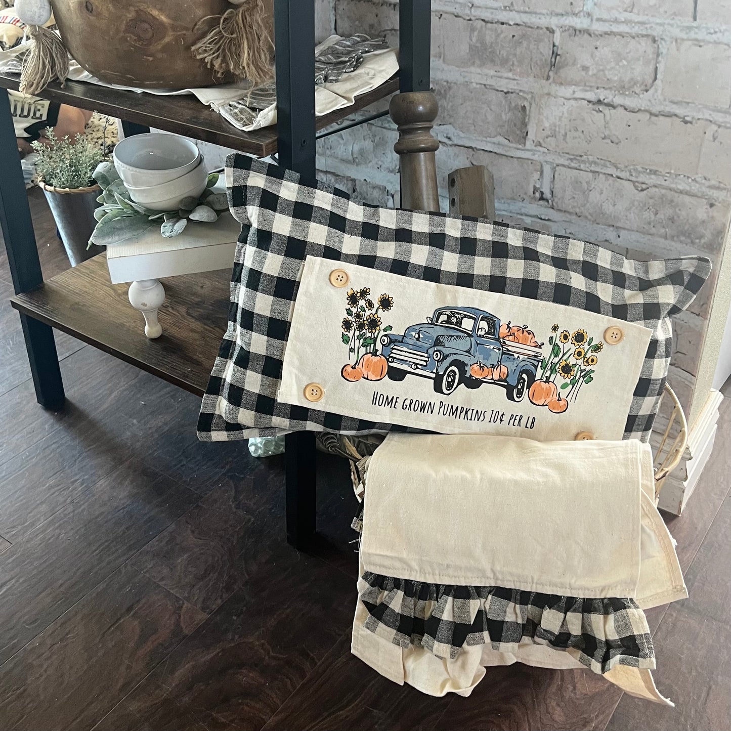 PARTY PACKAGE BUNDLE: Holiday Panel Thanksgiving November Fall Autumn, farmhouse charcoal runner: VINTAGE SUNFLOWER PUMPKIN TRUCK / FALL BIKE + CHARCOAL/CREAM TABLE RUNNER