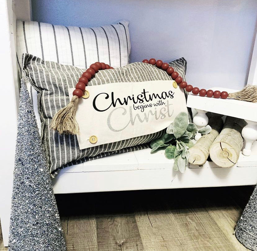 NEW!  GLITTER GIFT PARTY PACKAGE BUNDLE: Holiday Pillow Cover Panel Christmas Winter: Runner Combo GLITTER CHRISTMAS BEGINS WITH CHRIST / NATIVITY SILOUETTE + CHARCOAL/GREY STRIPES TRABLE RUNNER