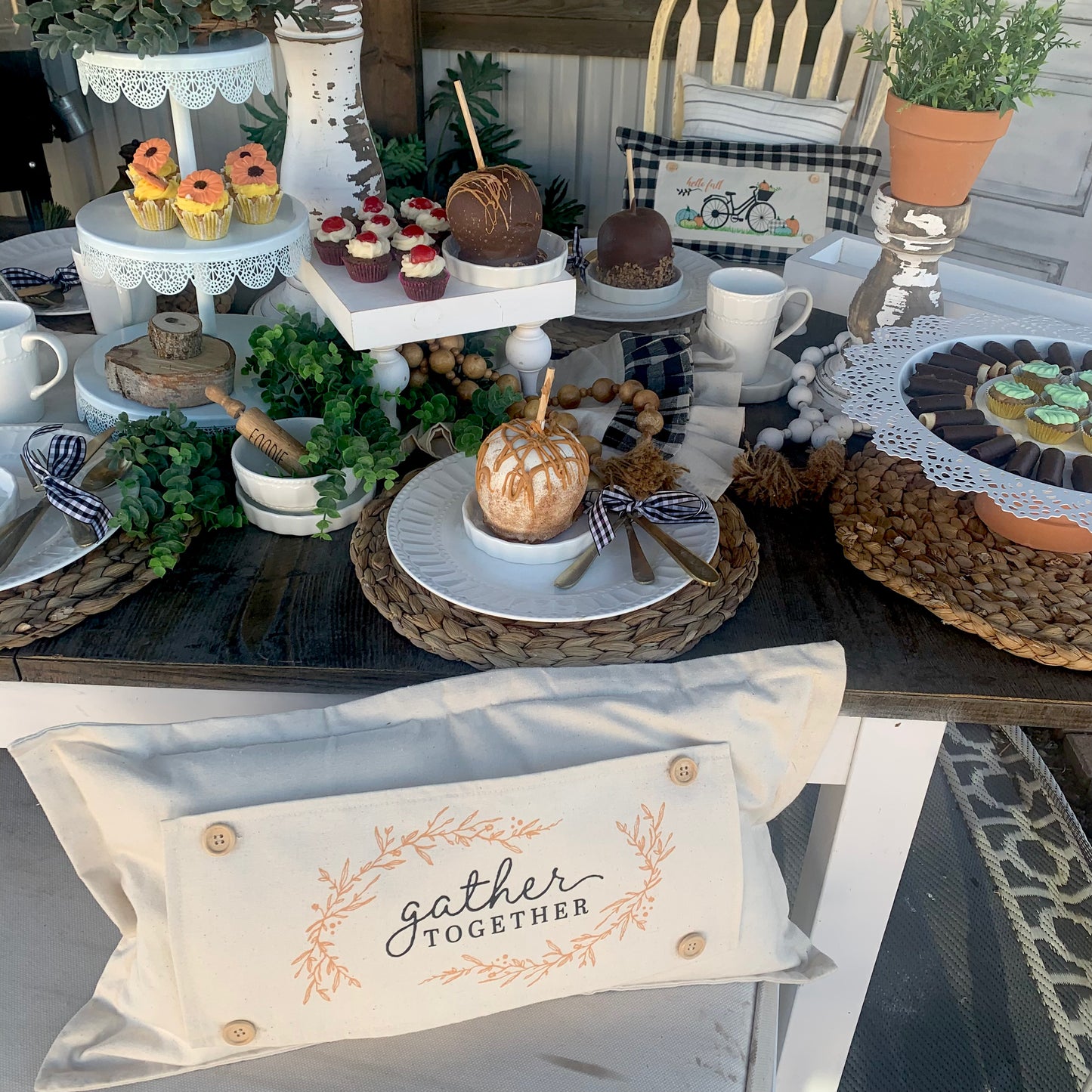PARTY PACKAGE BUNDLE: Holiday Panel Thanksgiving November Fall Autumn, farmhouse charcoal runner:GATHER TOGETHER /CUSTOM PANEL LAST NAME + CHARCOAL/CREAM TABLE RUNNER
