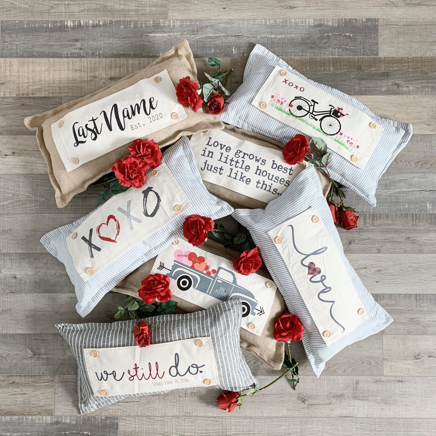 Custom Wedding Gift Bundle: 3 seasons + CHARCOAL/GALVINIZED STRIPES pillow + custom last name panel & BEEHIVE / NEW CMAS TRUCK / BE MY VALENTINES / CUSTOM LAST NAME PANEL
