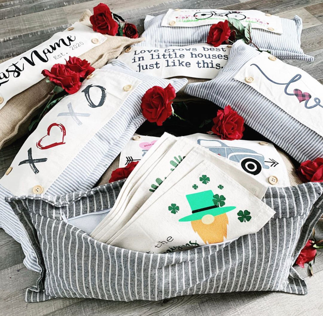 Custom Wedding Gift Bundle: 3 seasons + CHARCOAL/GALVINIZED STRIPES pillow + custom last name panel & BEEHIVE / NEW CMAS TRUCK / BE MY VALENTINES / CUSTOM LAST NAME PANEL