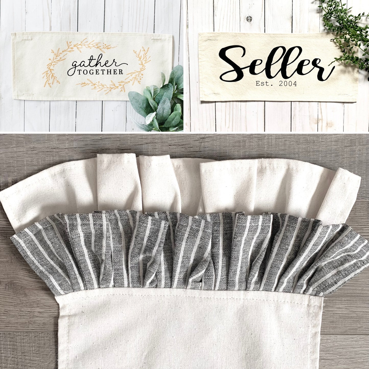 PARTY PACKAGE BUNDLE: Holiday Panel Thanksgiving November Fall Autumn, farmhouse charcoal runner:GATHER TOGETHER /CUSTOM PANEL LAST NAME + CHARCOAL/CREAM TABLE RUNNER