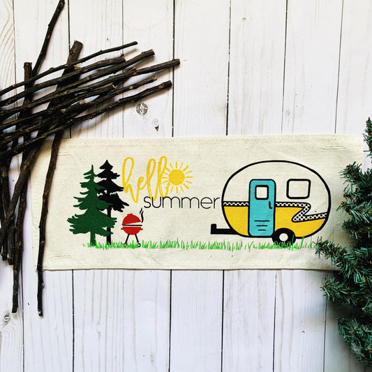 Seasonal Panel: Hello BBQ Summer Vintage Camping Yellow Sunshine Camper, SUMMER CAMPER