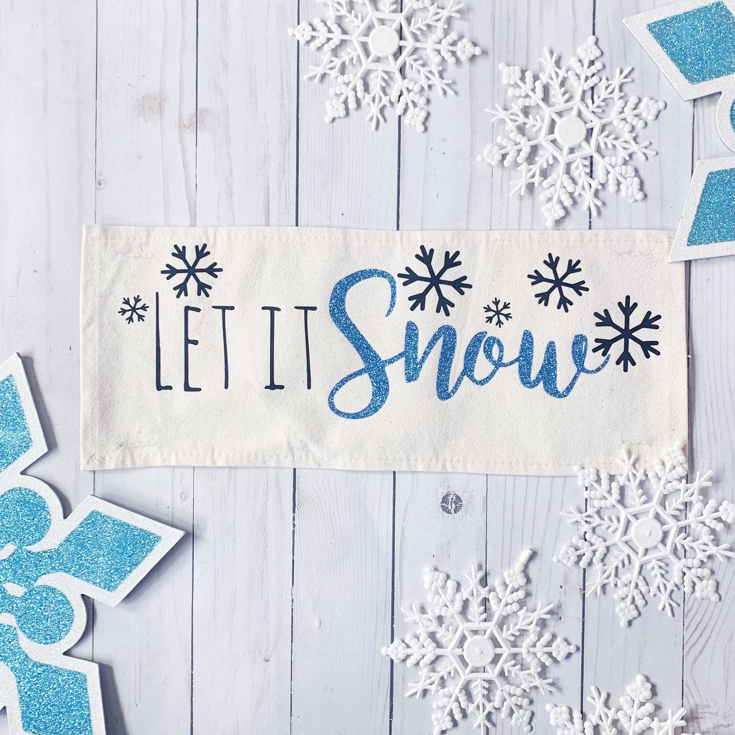 Glitter Seasonal Panel: Winter Blue Ice Sparkle Twinkle Bling Glitz Confetti Christmas; LET IT SNOW