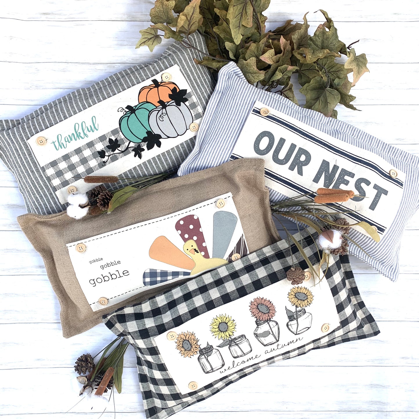 GIFT GUIDE: FOR THOSE THAT ARE HARD TO BUY FOR! SEASONAL SET: Buffalo Check Gingham Pillow (comes w/ foam insert & these 4 panels in back pocket) SUNFLOWERS, SNOWMAN SCARVES, BE MY VALENTINE, SUMMER VINTAGE CAMPER