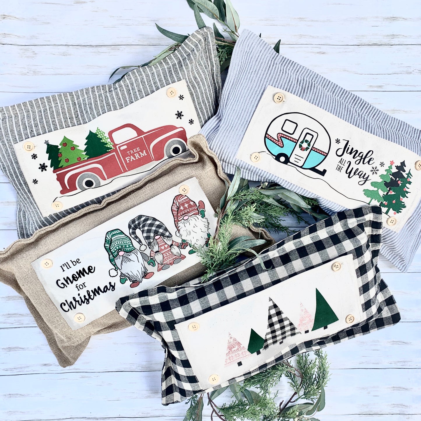 GIFT GUIDE: FOR THOSE THAT ARE HARD TO BUY FOR! SEASONAL SET: Buffalo Check Gingham Pillow (comes w/ foam insert & these 4 panels in back pocket) SUNFLOWERS, SNOWMAN SCARVES, BE MY VALENTINE, SUMMER VINTAGE CAMPER