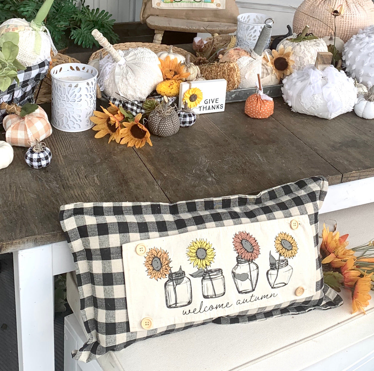 GIFT GUIDE: FOR THOSE THAT ARE HARD TO BUY FOR! SEASONAL SET: Buffalo Check Gingham Pillow (comes w/ foam insert & these 4 panels in back pocket) SUNFLOWERS, SNOWMAN SCARVES, BE MY VALENTINE, SUMMER VINTAGE CAMPER