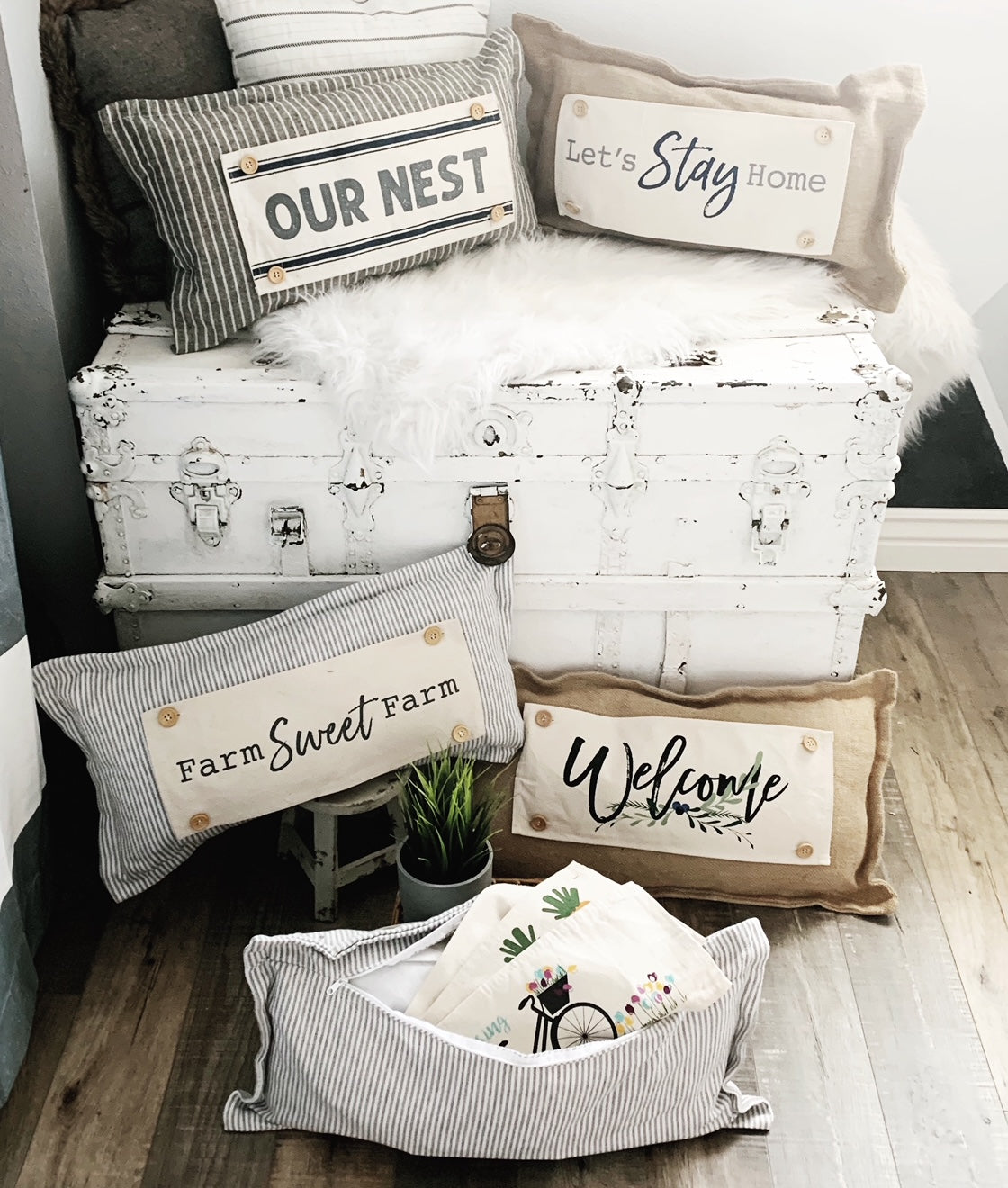 SEASONAL BUNDLE SET: Gray/White Ticking Stripes Pillow (comes with foam insert and these 4 panels in back pocket); Winter Spring Summer Fall Autumn: THANKFUL PUMPKINS, DEER, BUNNY HOP EASTER, HOME SWEET HIVE BEE