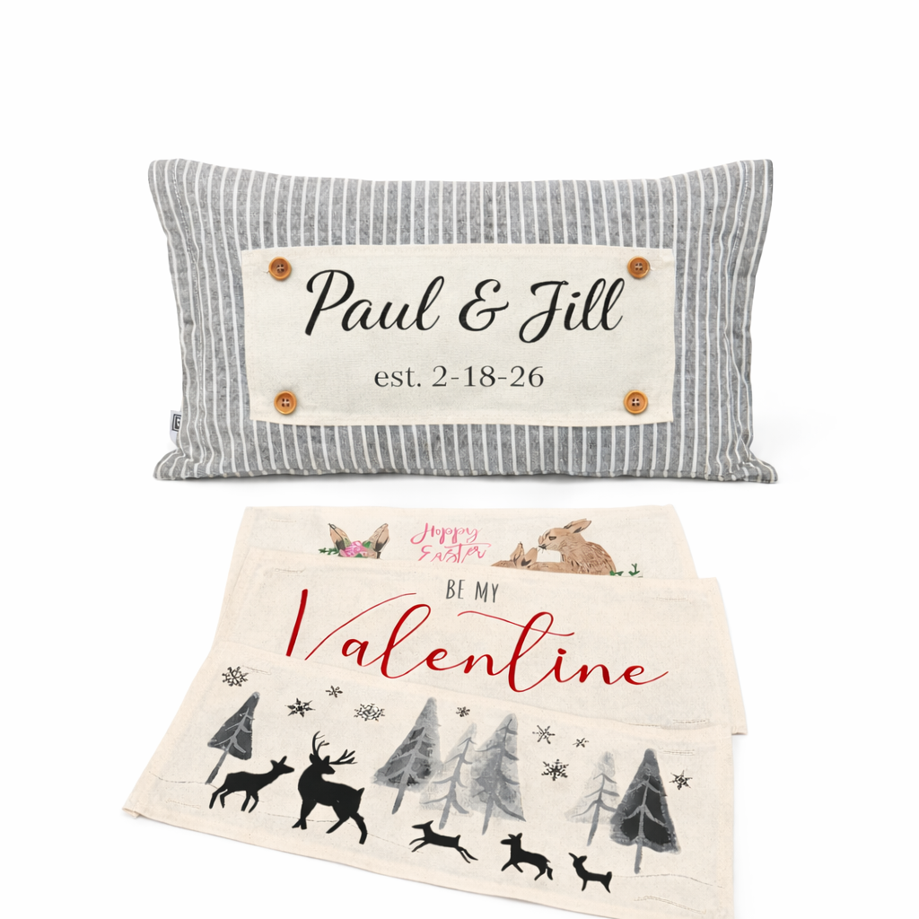 NEW! Custom WINTER 26 Wedding Gift Bundle:  3 seasons + CHARCOAL/GALVINIZED STRIPES pillow + custom last name panel & FLORAL BUNNIES / BE MY VALENTINE / DEER / CUSTOM LAST NAME PANEL