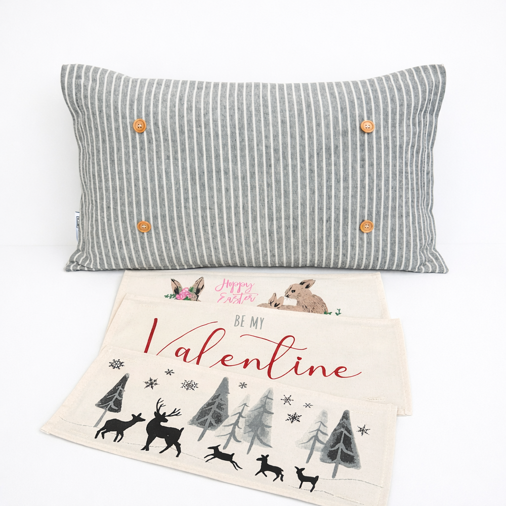 NEW! WINTER Bundle:  3 seasons + CHARCOAL/GALVINIZED STRIPES pillow, FLORAL BUNNIES / BE MY VALENTINE / DEER