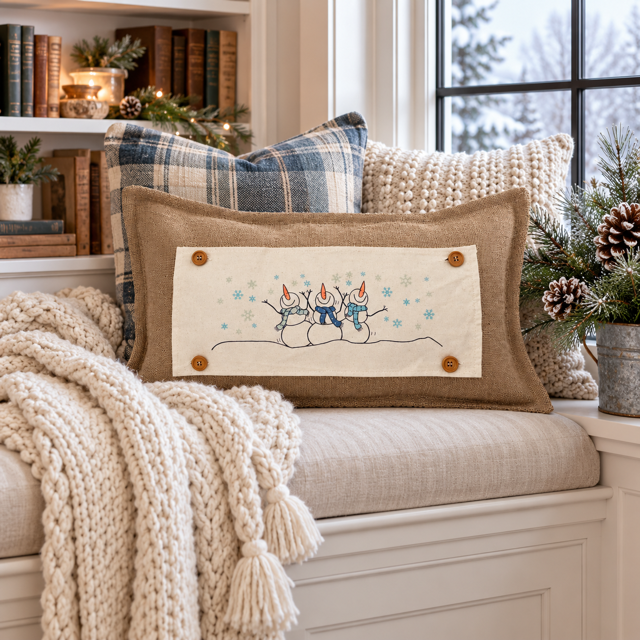 NEW! PANEL ONLY: RECTANGLE Winter; Blue, Chilly, Cold, Snowflakes, Scarves; 3 SNOWMEN