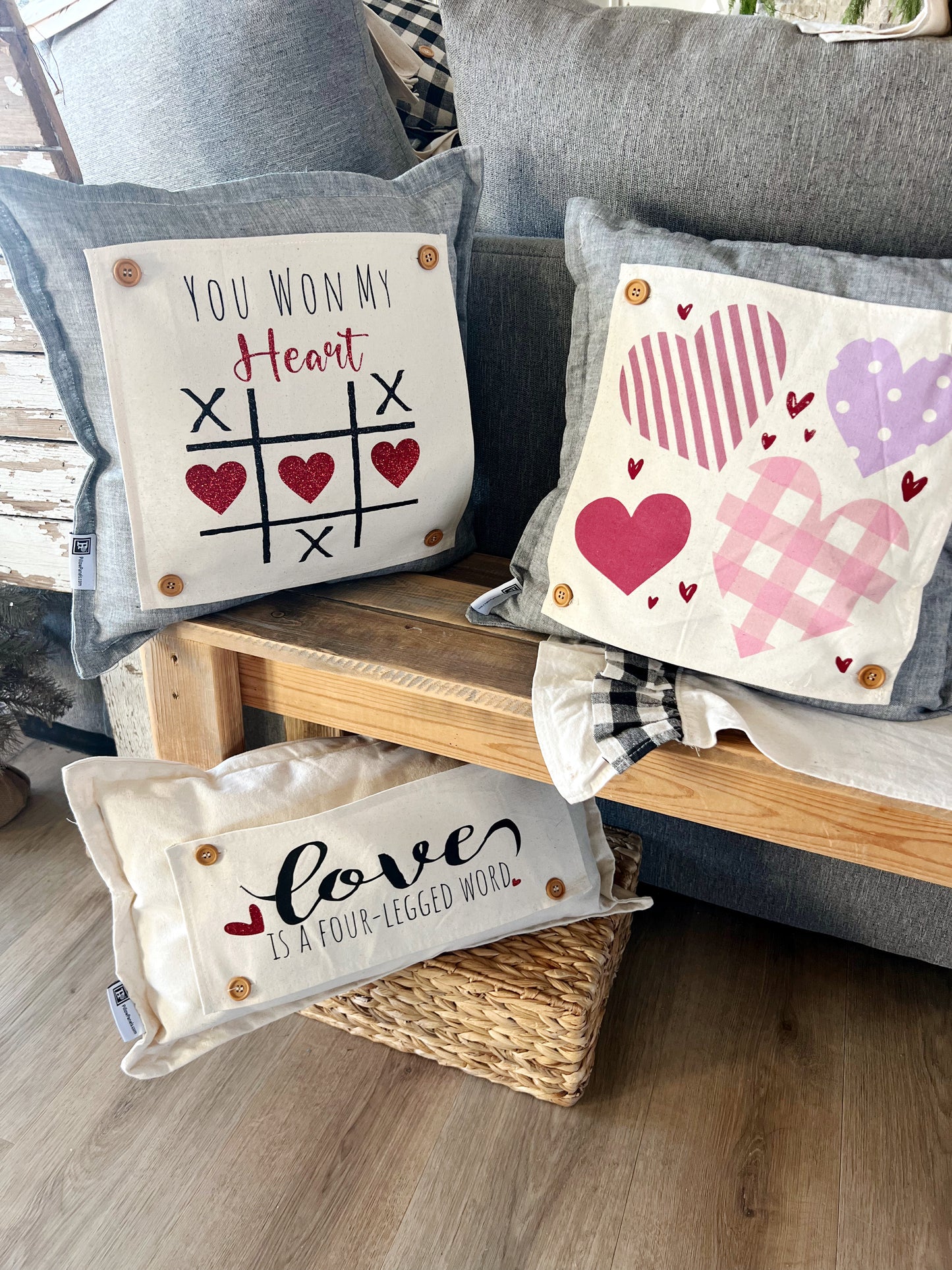 New! Valentines Bundle: One for Me & One for You  ONE TICKING SQUARE & ONE TICKING RECTANGLE PILLOW, BE MY VALENTINE & HEARTS PANELS