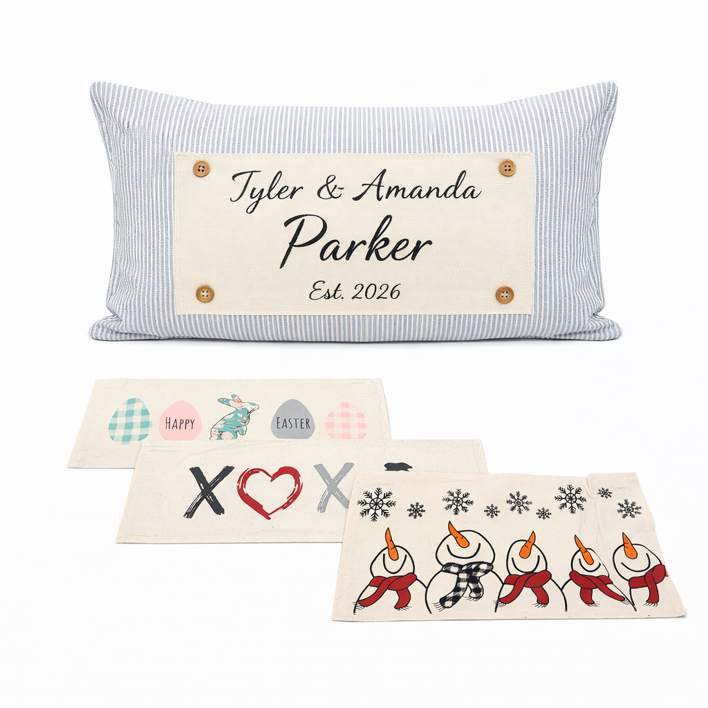 NEW! Custom WINTER 26 Wedding Gift Bundle:  GRAY TICKING STRIPE pillow + custom last name, SNOWMAN SCARVES, XOXO, PASTEL EGGS, CUSTOM PANEL