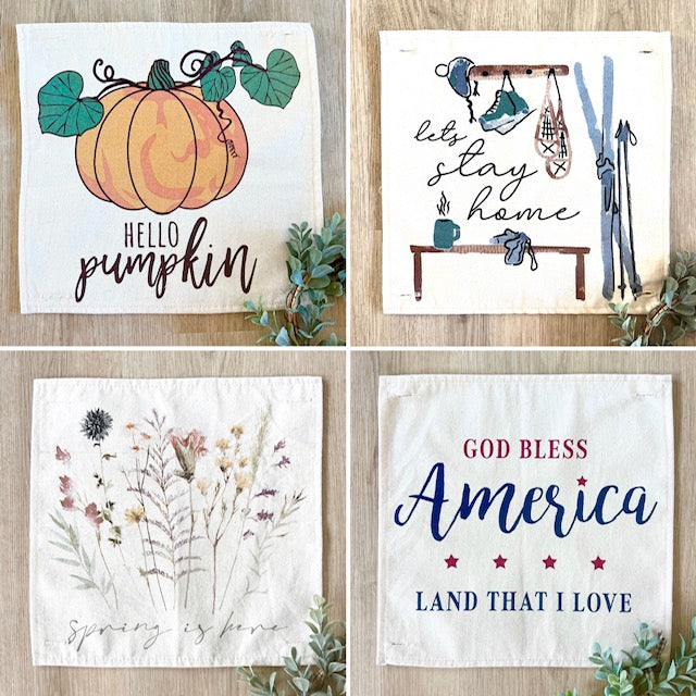 GIFT GUIDE:  PERFECT FOR THE ONE WHO HAS EVERYTHING!   SQUARE  SET: Ticking Stripes Pillow (comes with foam insert and these 4 panels in back pocket); Winter Spring Summer Fall Autumn: SKI BENCH, HELLO PUMPKIN, LAND THAT I LOVE, SPRING DRIED FLOWERS