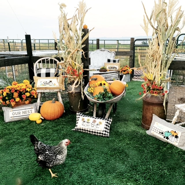 SEASONAL BUNDLE SET: Gray/White Ticking Stripes Pillow (comes with foam insert and these 4 panels in back pocket); Winter Spring Summer Fall Autumn:  THANKFUL PUMPKINS, DEER, BUNNY HOP EASTER, HOME SWEET HIVE BEE