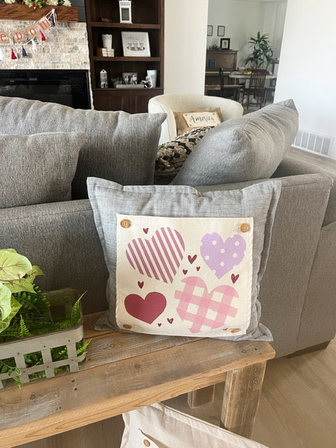 NEW! SQUARE BUNDLE SET: TICKING STRIPES PILLOW (comes with foam insert and these 3 panels in back pocket); Winter : SKI BENCH, HEARTS, PRESSED FLOWERS