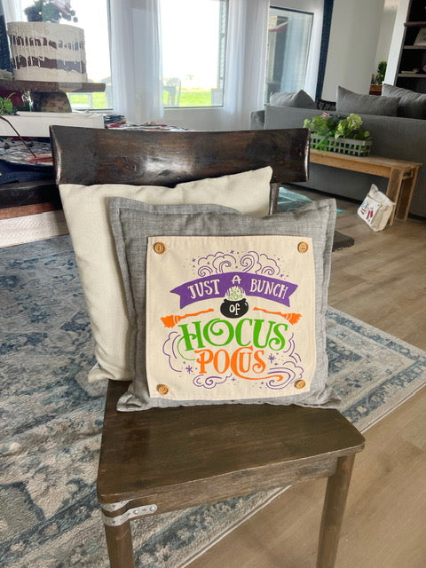 NEW! SQUARE BUNDLE SET: Charcoal Gray Solid Pillow (comes with foam insert and these 3 panels in back pocket); Winter Spring Summer Fall Autumn:  HOCUS POCUS, PUMPKIN PATCH, STATIONWAGON