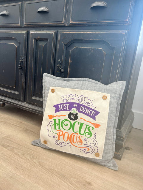 NEW! SQUARE BUNDLE SET: Charcoal Gray Solid Pillow (comes with foam insert and these 3 panels in back pocket); Winter Spring Summer Fall Autumn:  HOCUS POCUS, PUMPKIN PATCH, STATIONWAGON