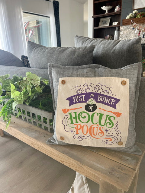 NEW! SQUARE BUNDLE SET: Charcoal Gray Solid Pillow (comes with foam insert and these 3 panels in back pocket); Winter Spring Summer Fall Autumn:  HOCUS POCUS, PUMPKIN PATCH, STATIONWAGON