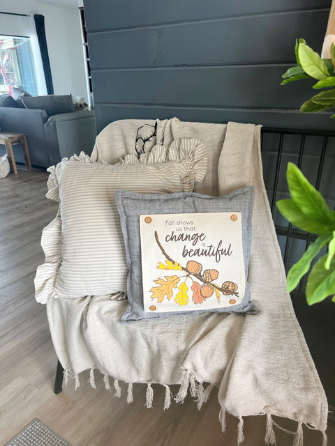 NEW! Custom Wedding Gift Bundle:  2 seasons + SQUARE GRAY pillow + custom last name panel:  ACORN BRANCH, CANDY CANES, CUSTOM LAST NAME PANEL