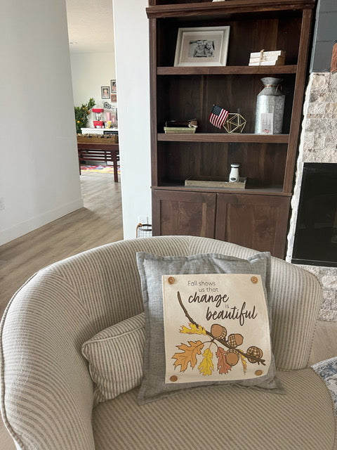 NEW! Custom Wedding Gift Bundle:  2 seasons + SQUARE GRAY pillow + custom last name panel:  ACORN BRANCH, CANDY CANES, CUSTOM LAST NAME PANEL