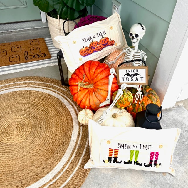 NEW BUNDLE SET: CHARCOAL & CREAM STRIPES Pillow (comes with foam insert and these 3 panels in back pocket); Winter Spring Summer Fall Autumn; TRICK OR TREAT, SUBWAY WORDS, MERRY & BRIGHT