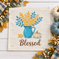 NEW!  PANEL ONLY: SQUARE Fall Autumn leaves pumpkin BLESSED BLUE PITCHER