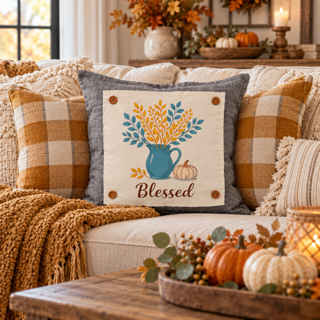 NEW!  PANEL ONLY: SQUARE Fall Autumn leaves pumpkin BLESSED BLUE PITCHER