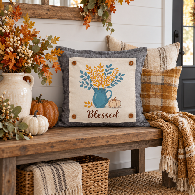 NEW!  PANEL ONLY: SQUARE Fall Autumn leaves pumpkin BLESSED BLUE PITCHER