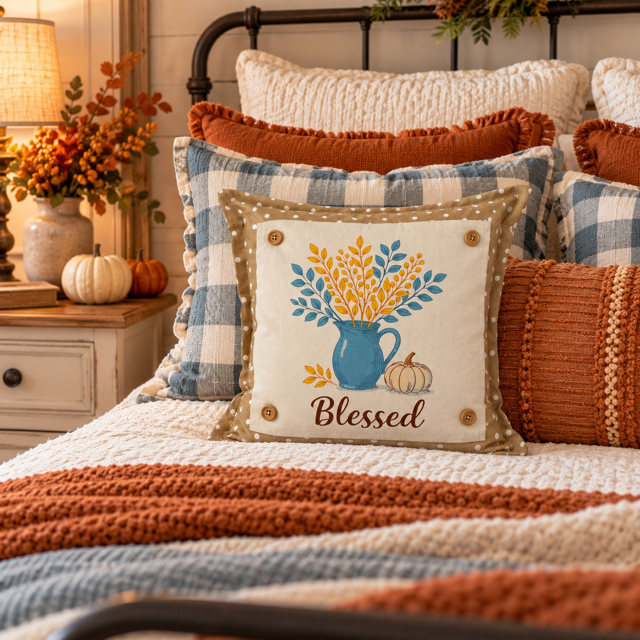 NEW!  PANEL ONLY: SQUARE Fall Autumn leaves pumpkin BLESSED BLUE PITCHER