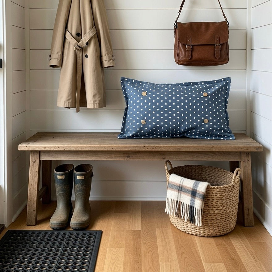 PILLOW ONLY RECTANGLE denim country blue with white polka dots: BLUE POLKA-DOT PILLOW (with fluffy insert)