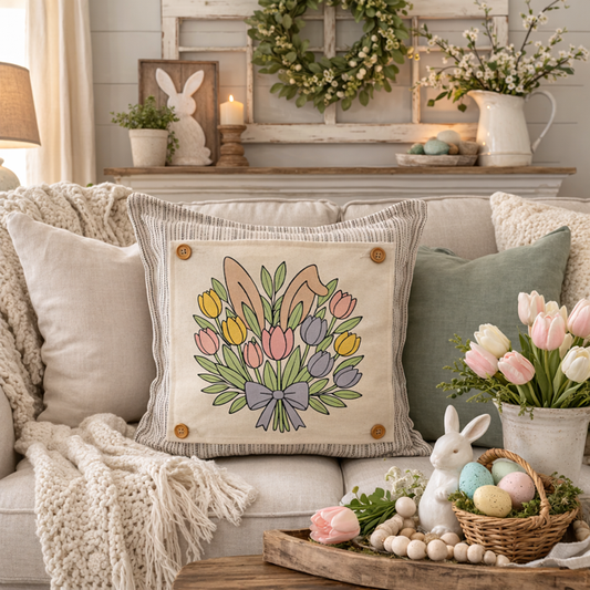 PANEL ONLY: SQUARE Spring Happy Easter Bunny, pastels, flowers, tulips, BUNNY EARS