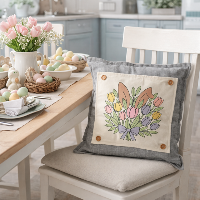 PANEL ONLY: SQUARE Spring Happy Easter Bunny, pastels, flowers, tulips, BUNNY EARS