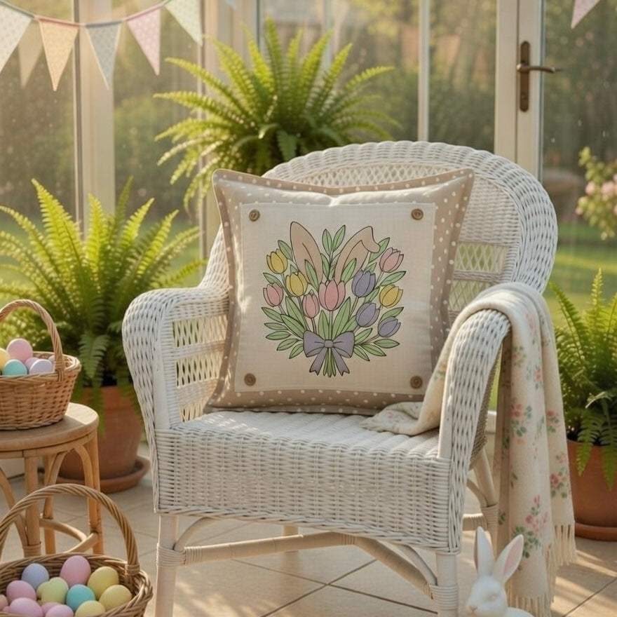 PANEL ONLY: SQUARE Spring Happy Easter Bunny, pastels, flowers, tulips, BUNNY EARS