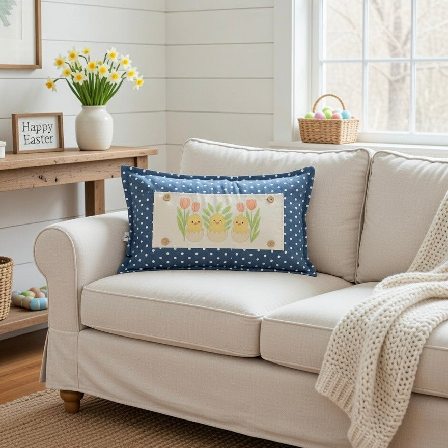 PILLOW ONLY RECTANGLE denim country blue with white polka dots: BLUE POLKA-DOT PILLOW (with fluffy insert)