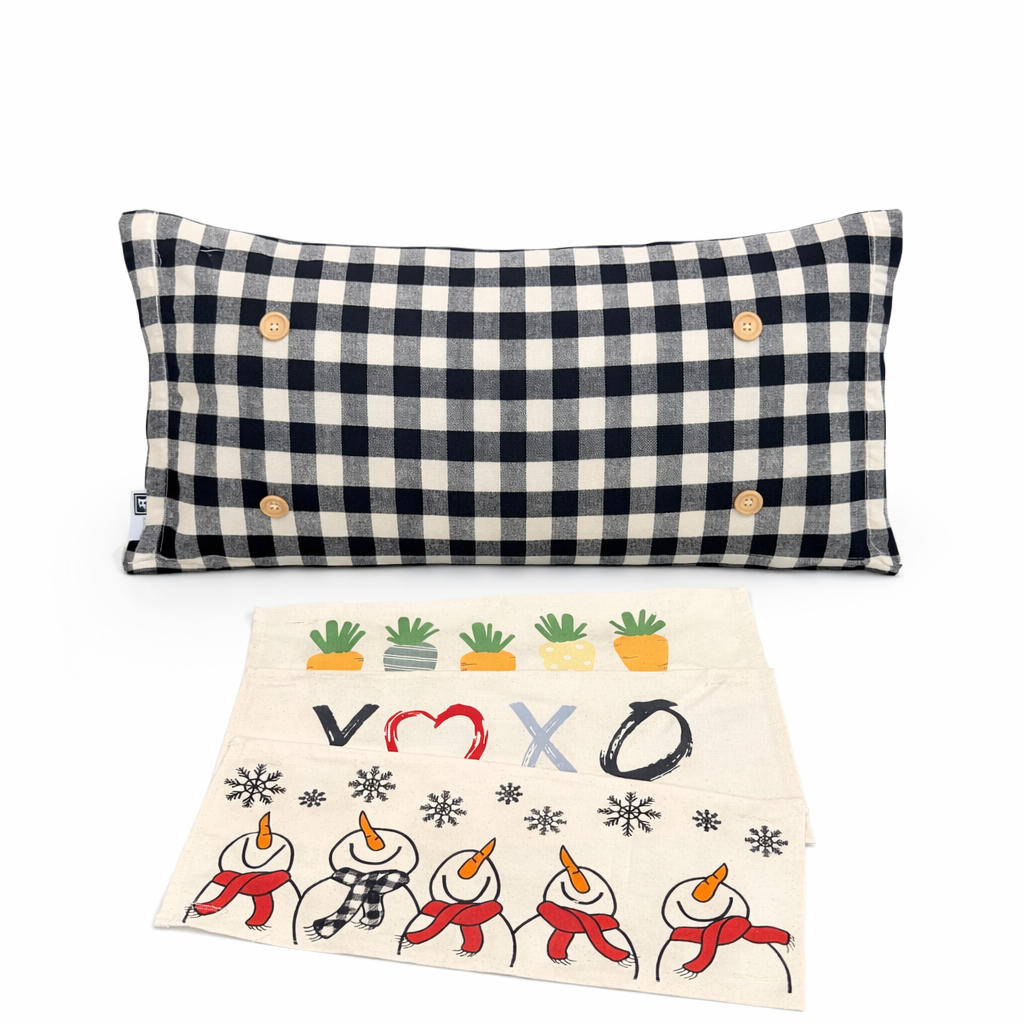 NEW! WINTER Bundle:  3 seasons + GINGHAM/BUFFALO CHECK pillow: SNOWMAN SCARVES / XOXO / CARROT PATCH