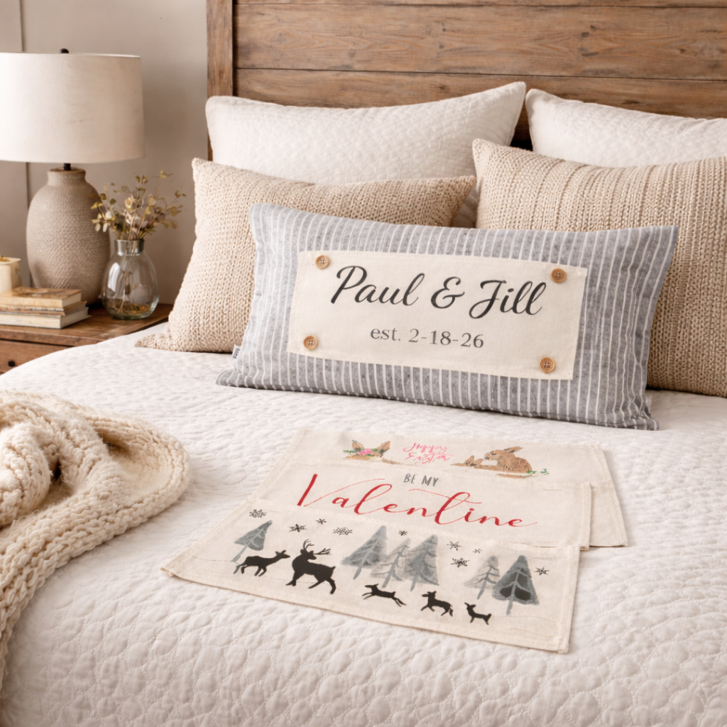 NEW! Custom WINTER 26 Wedding Gift Bundle:  3 seasons + CHARCOAL/GALVINIZED STRIPES pillow + custom last name panel & FLORAL BUNNIES / BE MY VALENTINE / DEER / CUSTOM LAST NAME PANEL