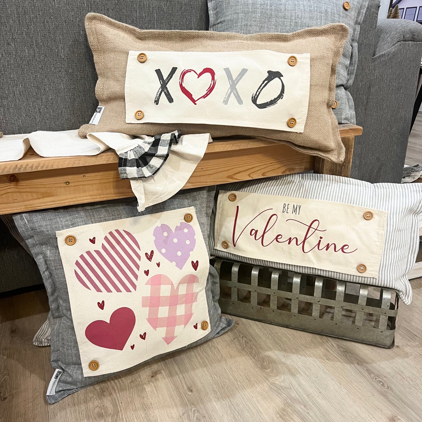 New! Valentines Bundle: One for Me & One for You  ONE TICKING SQUARE & ONE TICKING RECTANGLE PILLOW, BE MY VALENTINE & HEARTS PANELS