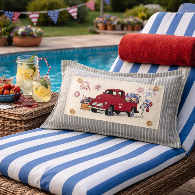 PANEL ONLY: RECTANGLE Summer; Father's Day Dad Fireworks Vintage Classic Old Red Truck; FIREWORK TRUCK