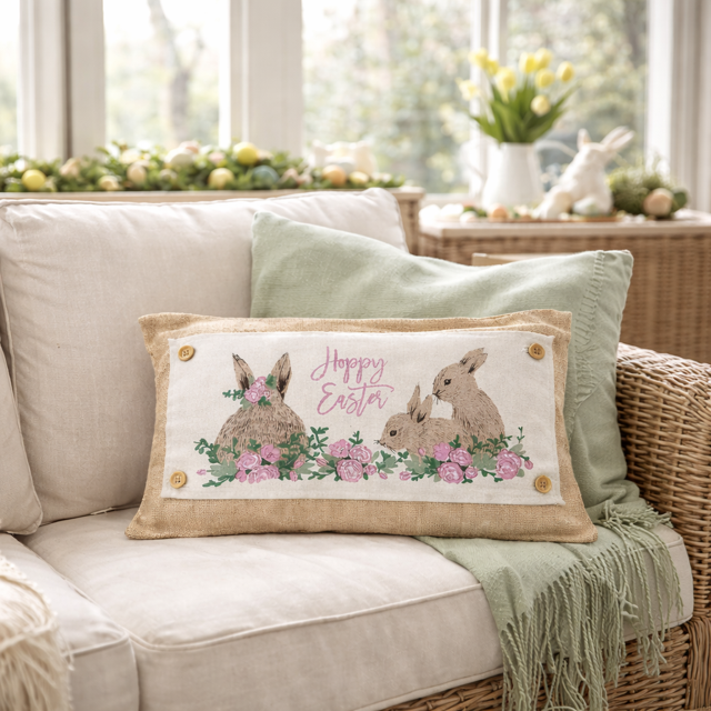 PANEL ONLY: RECTANGLE Spring Flowers Hop Chocolate Bunny Happy Easter Bunnies Garden; FLORAL RABBIT