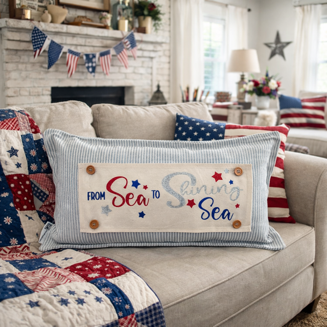 NEW! GLITTER PANEL ONLY: RECTANGLE throw pillow Summer BBQ American America red white blue Old Glory Sparkly SEA TO SHINING SEA