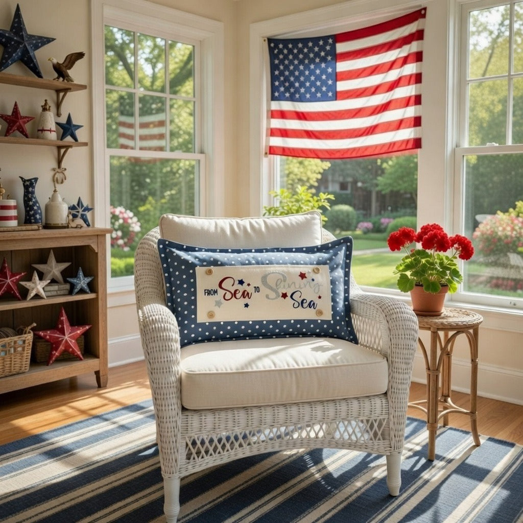 NEW! GLITTER PANEL ONLY: RECTANGLE throw pillow Summer BBQ American America red white blue Old Glory Sparkly SEA TO SHINING SEA