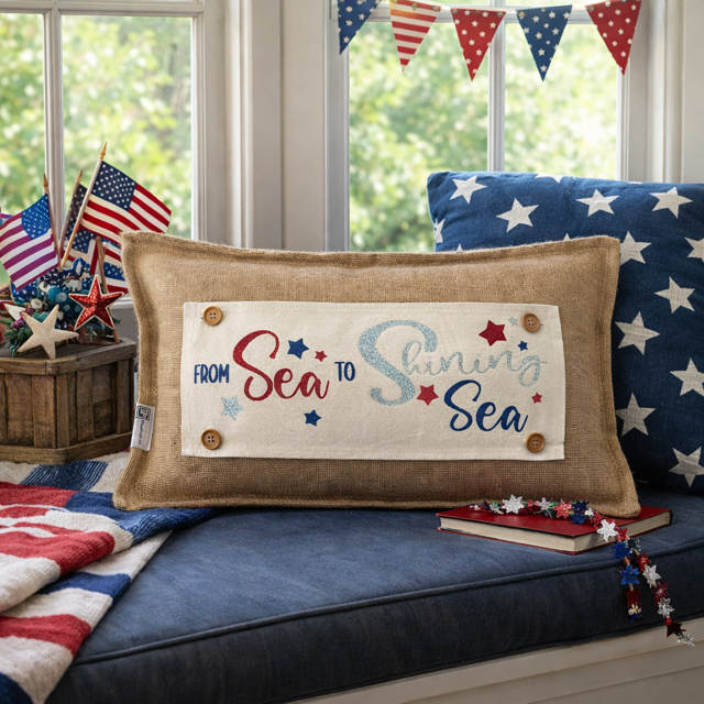 NEW! GLITTER PANEL ONLY: RECTANGLE throw pillow Summer BBQ American America red white blue Old Glory Sparkly SEA TO SHINING SEA