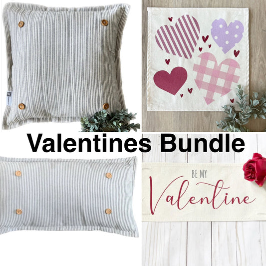 New! Valentines Bundle: One for Me & One for You  ONE TICKING SQUARE & ONE TICKING RECTANGLE PILLOW, BE MY VALENTINE & HEARTS PANELS