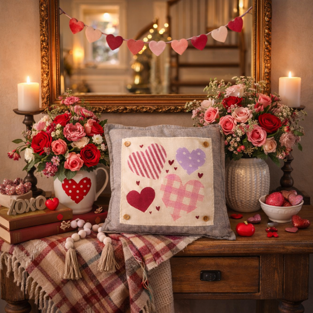 NEW! SQUARE BUNDLE SET: TICKING STRIPES PILLOW (comes with foam insert and these 3 panels in back pocket); throw pillow Winter : SKI BENCH, HEARTS, PRESSED FLOWERS