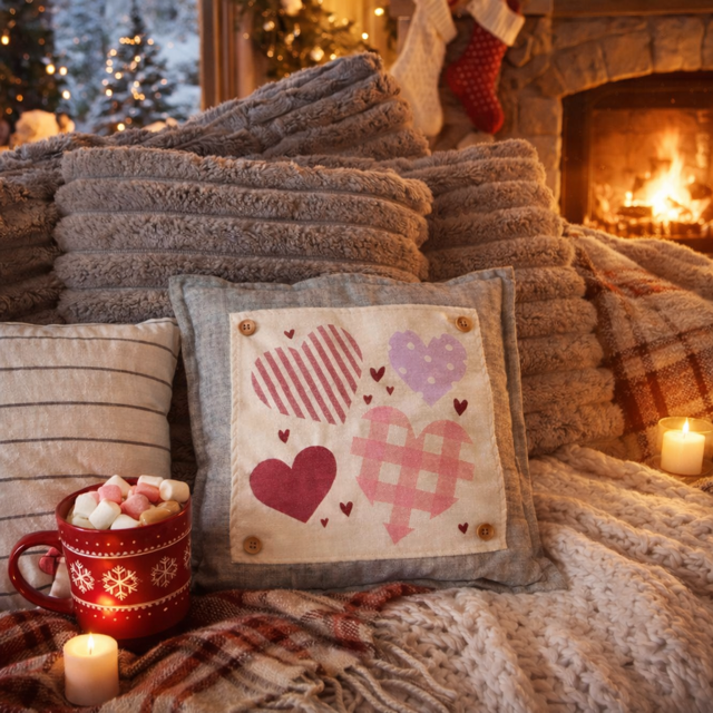 NEW! SQUARE BUNDLE SET: TICKING STRIPES PILLOW (comes with foam insert and these 3 panels in back pocket); throw pillow Winter : SKI BENCH, HEARTS, PRESSED FLOWERS