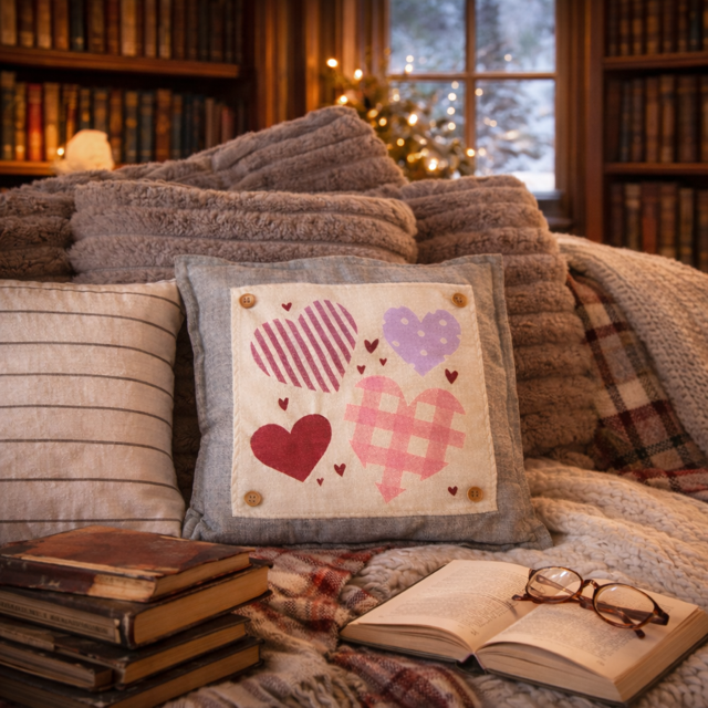 NEW! SQUARE BUNDLE SET: TICKING STRIPES PILLOW (comes with foam insert and these 3 panels in back pocket); throw pillow Winter : SKI BENCH, HEARTS, PRESSED FLOWERS