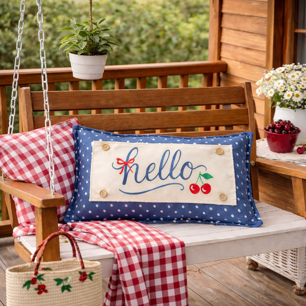 PILLOW ONLY RECTANGLE denim country blue with white polka dots: BLUE POLKA-DOT PILLOW (with fluffy insert)