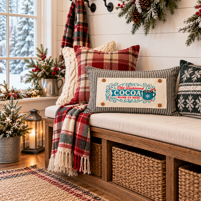 NEW! PANEL ONLY: RECTANGLE Winter; Vintage Sign, Marshmallows, Candy Cane, Chocolate; HOT COCOA