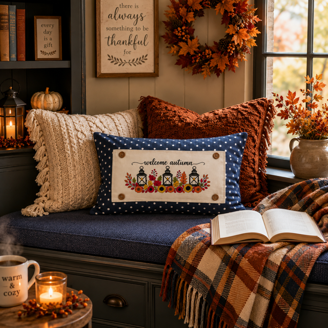 NEW!  PANEL ONLY:  Fall leaves floral sunflower Autumn candles welcome FALL LANTERN